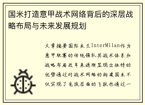 国米打造意甲战术网络背后的深层战略布局与未来发展规划