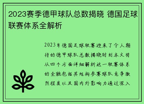 2023赛季德甲球队总数揭晓 德国足球联赛体系全解析